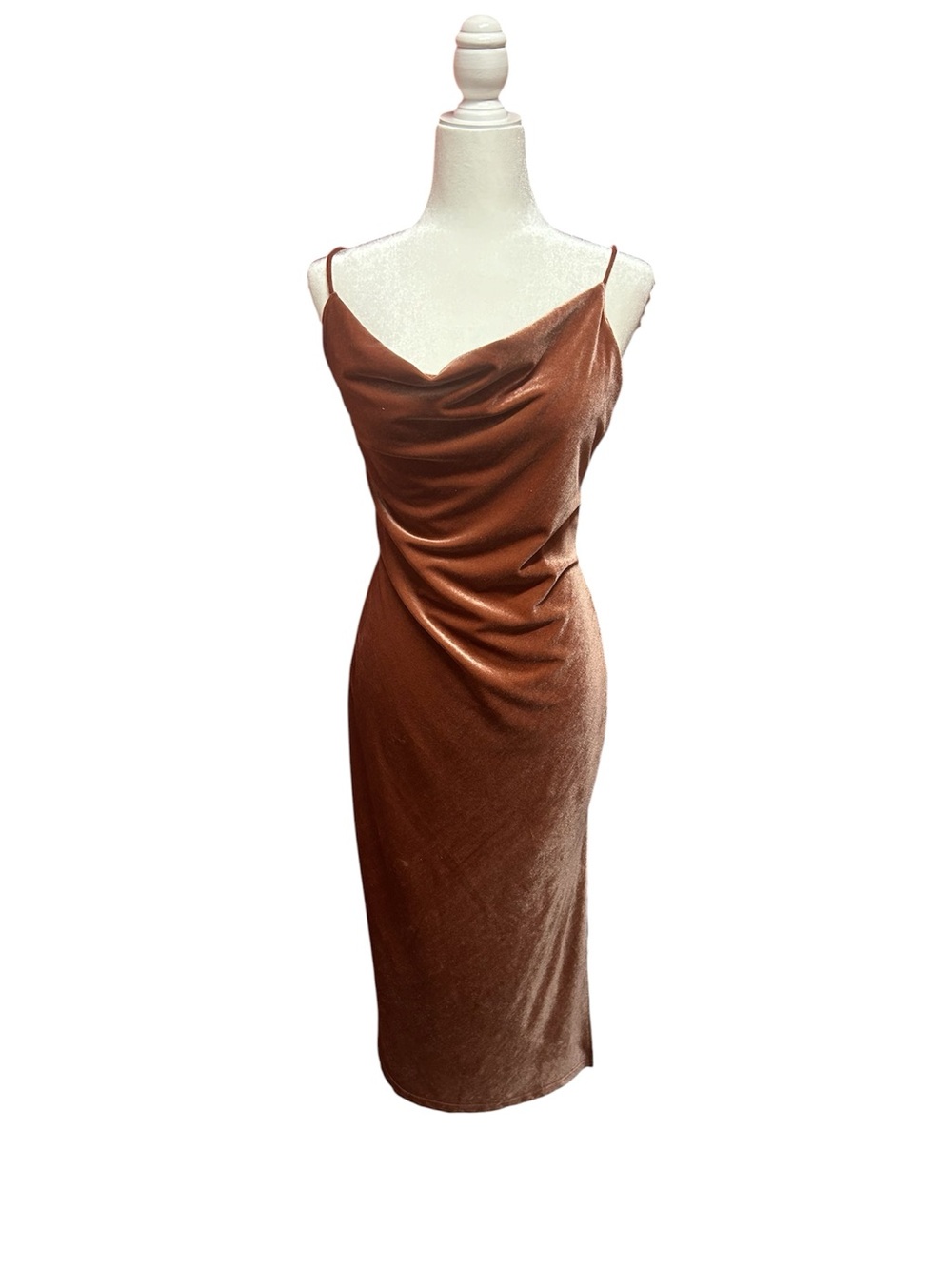 Edit by Nine velvet Cowl Neck Draped Midi Slip-style Dress in Copper Brown/Rust